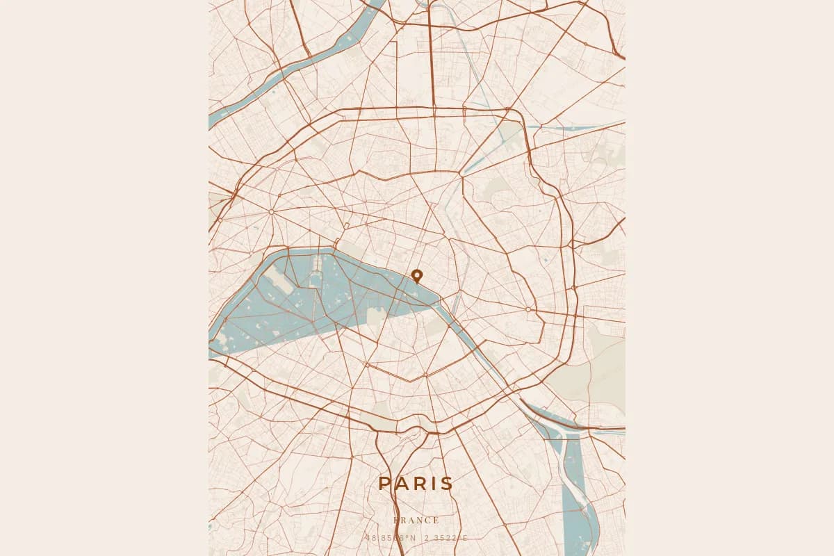 Poster de carte personnalisé de Paris montrant les rues et la Seine