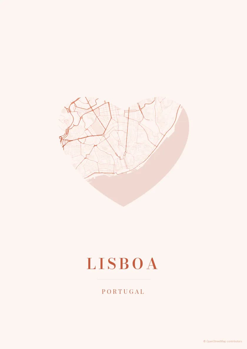 Póster de mapa de Lisboa, composición Flechazo, paleta Atardecer.