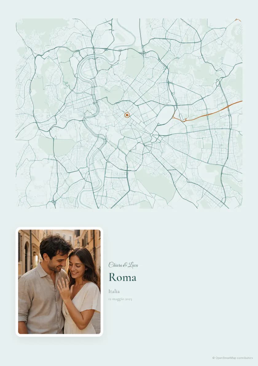 Póster de mapa de Roma con foto, composición Instantánea, paleta Pátina de cobre.