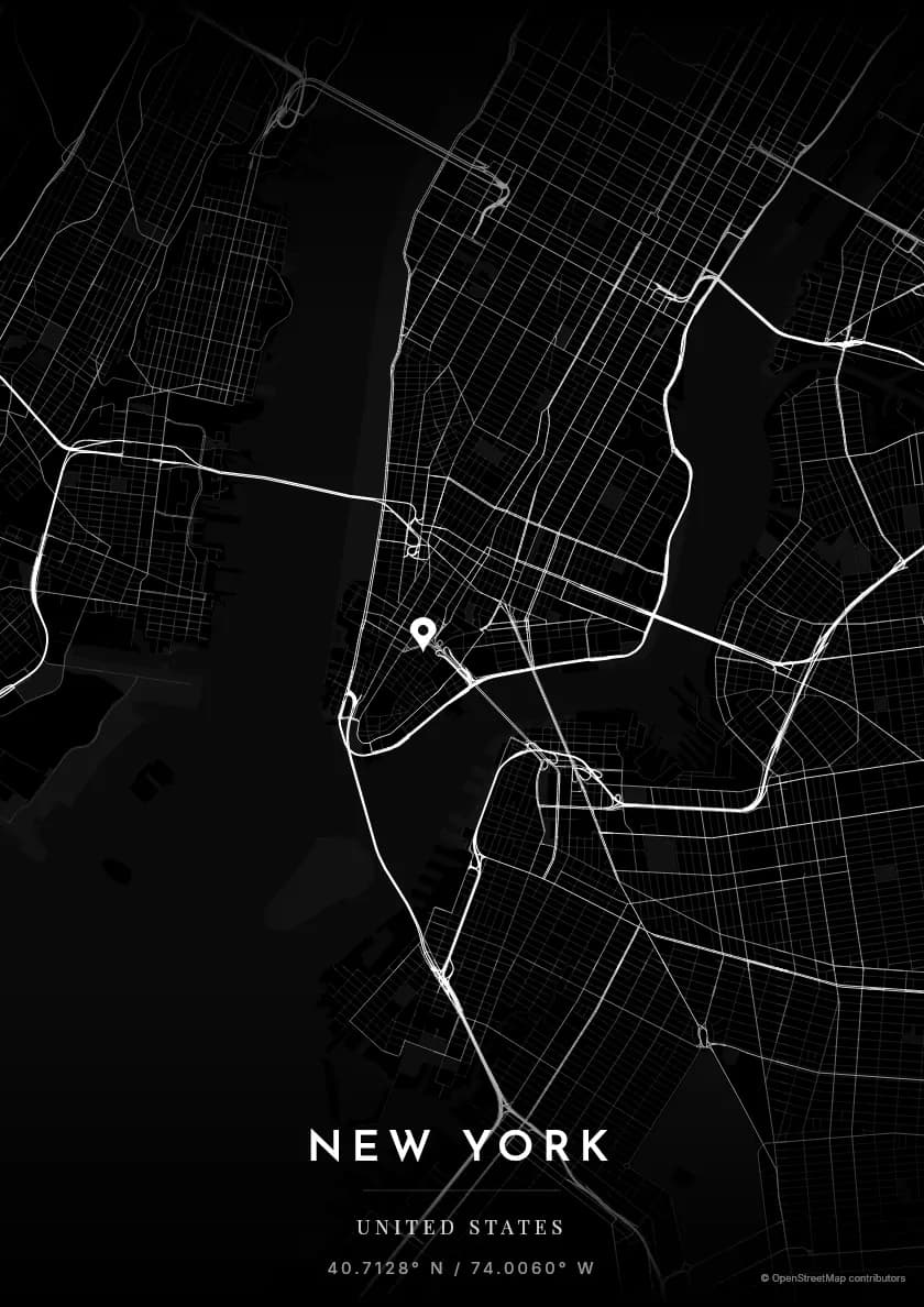 Póster de mapa de Nueva York, composición Inmersión, paleta Negro.