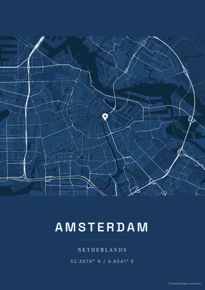 Póster de mapa de Ámsterdam, composición Taller, paleta Plano arquitectónico.