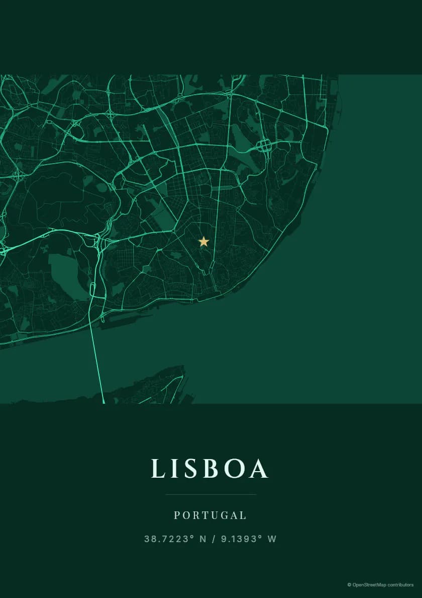 Póster de mapa de Lisboa, composición Taller, paleta Esmeralda.