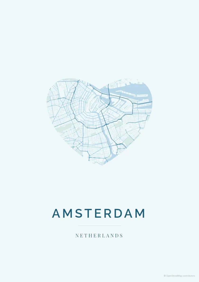 Póster de mapa de Ámsterdam, composición Flechazo, paleta Océano.