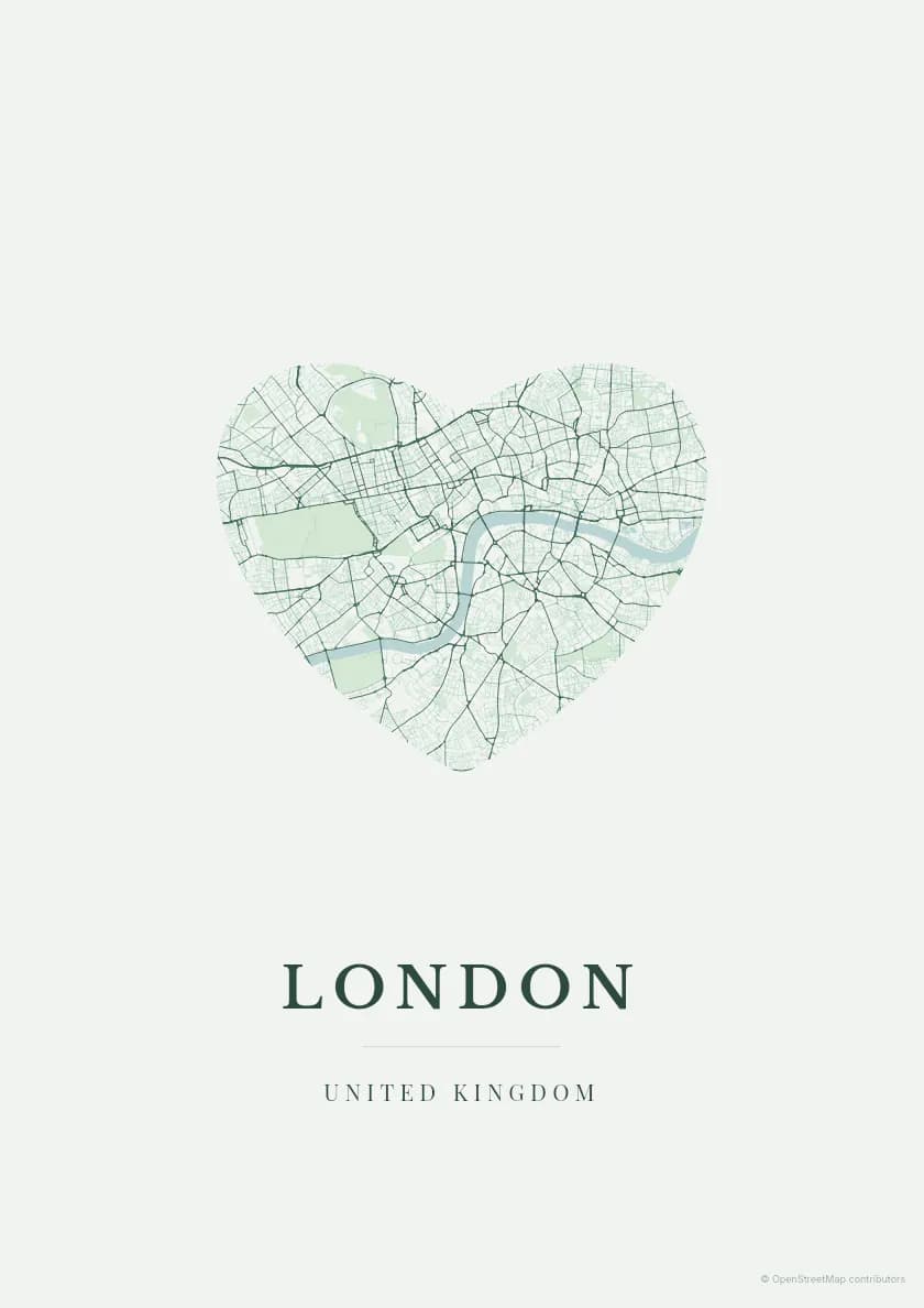 Póster de mapa de Londres, composición Flechazo, paleta Bosque.