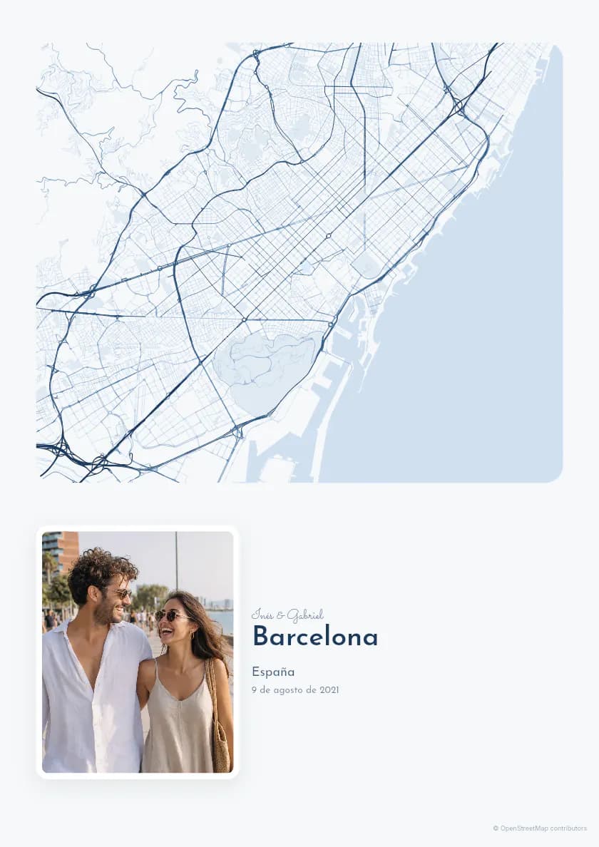 Póster de mapa de Barcelona con foto, composición Instantánea, paleta Azul monocromático.