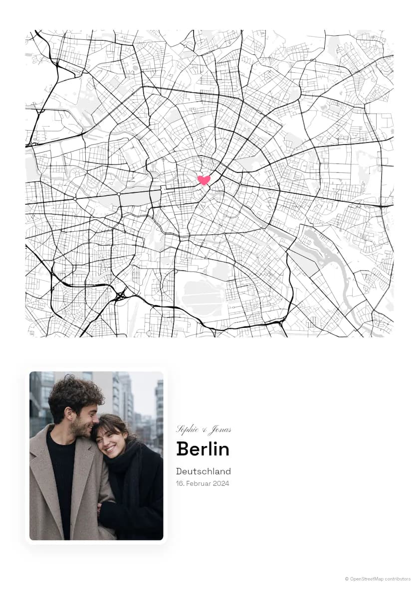 Póster de mapa de Berlín con foto, composición Instantánea, paleta Calles en degradado.