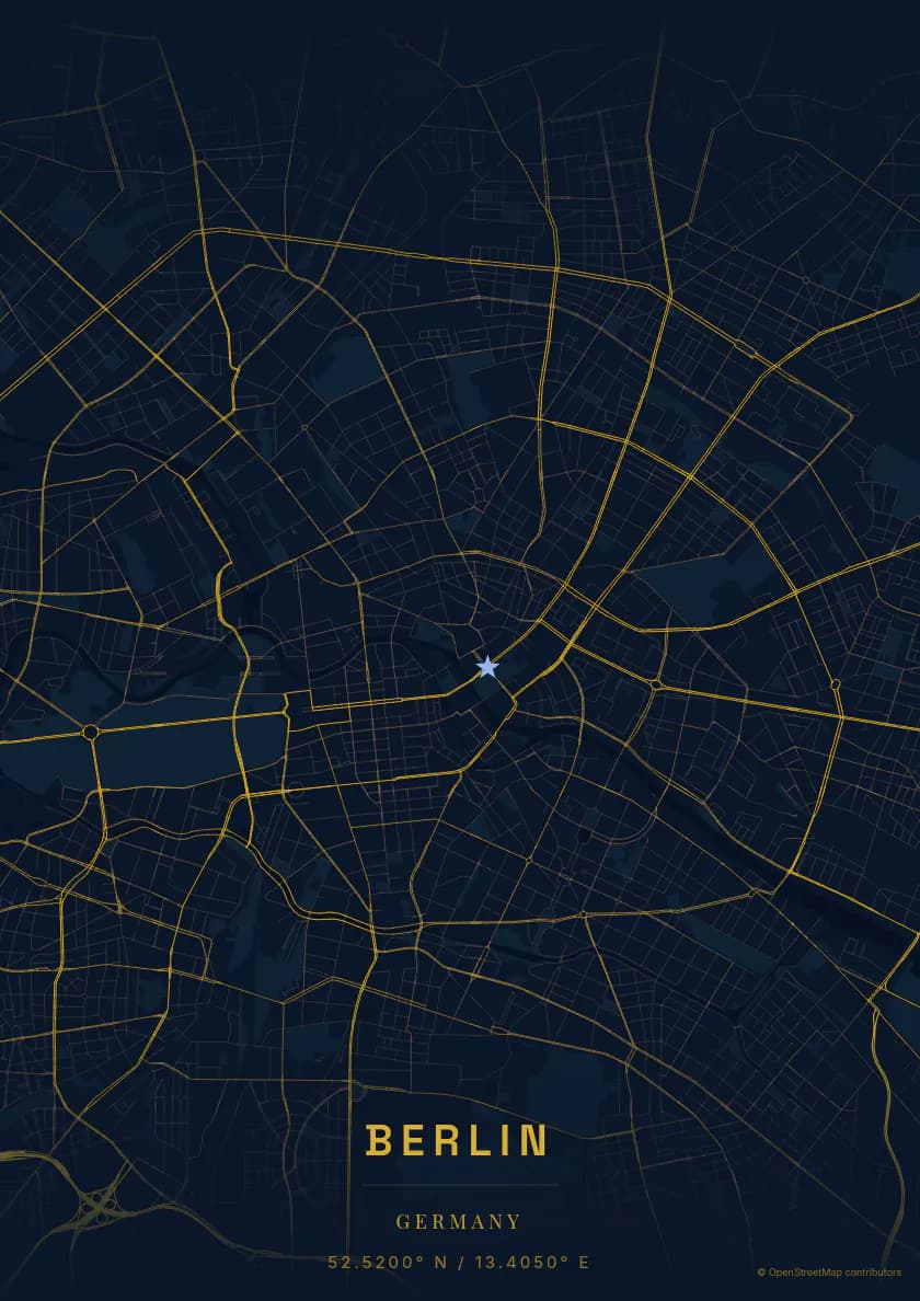 Póster de mapa de Berlín, composición Inmersión, paleta Azul medianoche.