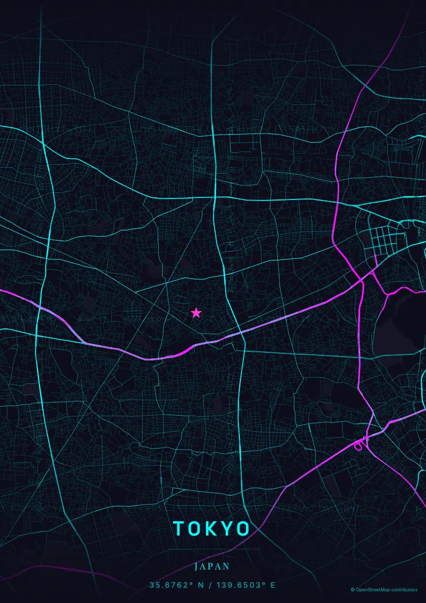 Póster de mapa de Tokio, composición Inmersión, paleta Neón ciberpunk.