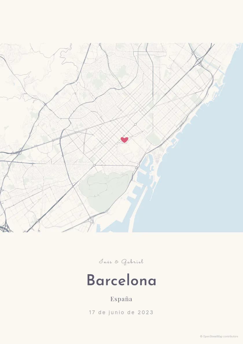 Póster de mapa de Barcelona, composición Nosotros Dos, paleta Sueño pastel.
